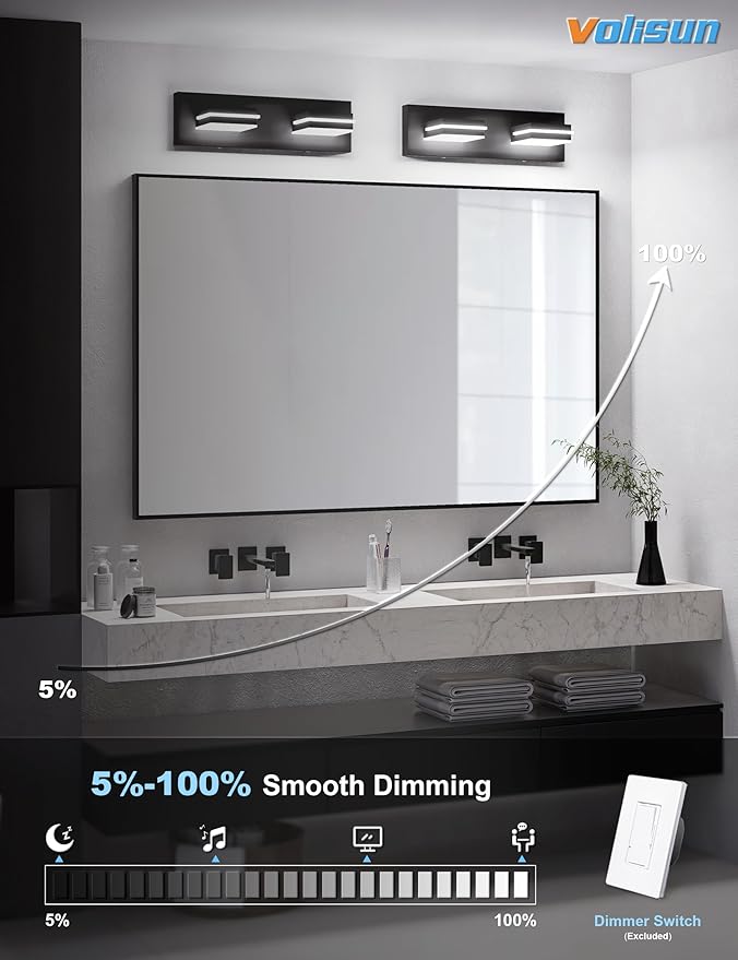 VOLISUN Modern Bathroom Vanity Light Fixtures (2-Light, 15.5-Inch), 5CCT Dimmable Bathroom Lighting Fixtures Over Mirror, 360°Rotatable Head, Black LED Vanity Lights for Bathroom-ETL Certificated