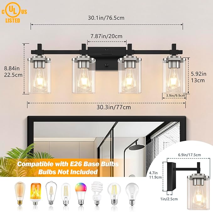 4-Lights Black and Brushed Nickel Vanity Lights with Clear Glass Shade, Bathroom Wall Light Fixtures, 30.3 Inch Large Vanity Lighting Fixture for Bathroom Mirror Living Room ﻿