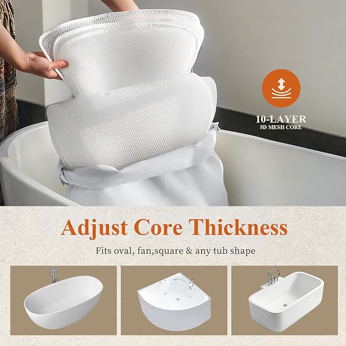 Luxury Bathtub Pillow,Gift for Mother's Day,Head,Neck & Back Support,Quick-Drying 5D Mesh Core,Adjustable Thickness Fits Any Bathtubs,Easy to Maintain,Beige