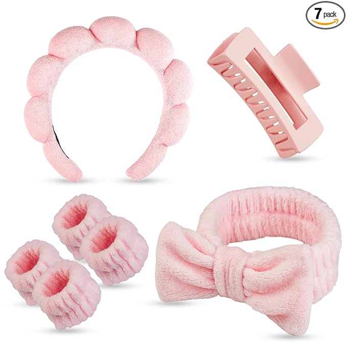 7 Pcs Spa Set, Facial Headband and Wristband Set, Skincare Accessories, College Style Girl Idea Gifts, Hair Accessories for Women and Girls (Pink)