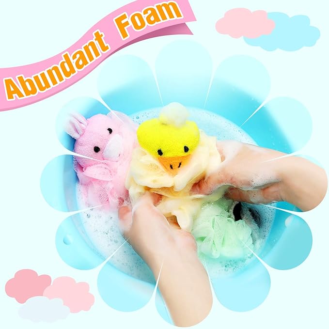 Boao 8 Pieces Kids Bath Loofahs Animal Bath Sponge Cartoon Shower Loofahs Cute Pouf Mesh Body Loofah Colorful Body Scrubber Shower Balls for Boys Girls Adults