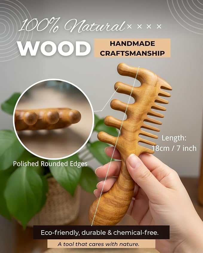 Wooden Scalp Massager Comb – Natural Wood Wide & Fine Tooth Hair Comb with Handle – Hair Massager Comb for Hair Growth, Scalp Care & Stress Relief – Detangling Tool for All Hair Types