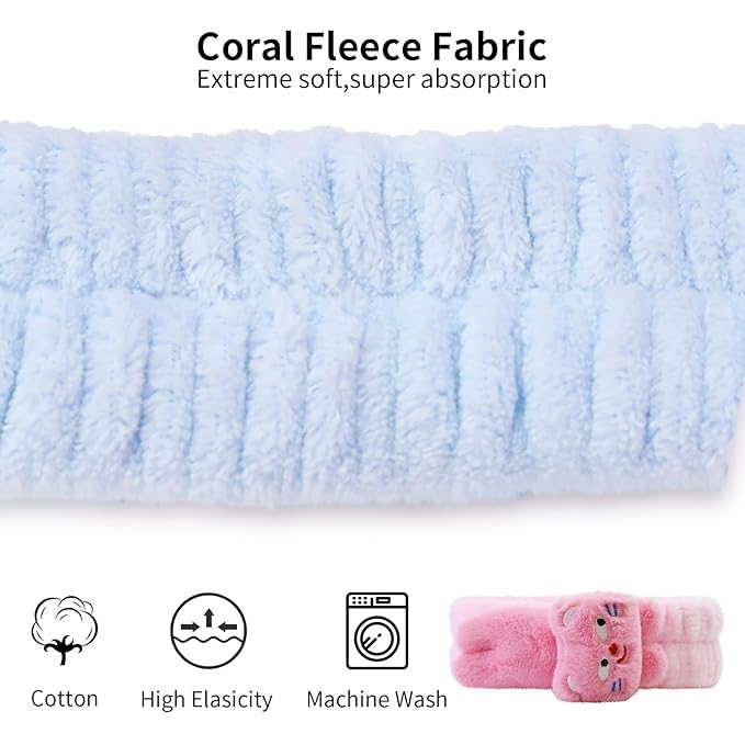 Kawaii Spa Headbands for Women Girls - 2 Pack Cute Soft Fleece Facial Headbands for Makeup, Skincare, Bath, Shower, Beauty and Face Washing, Pink+Blue Cat