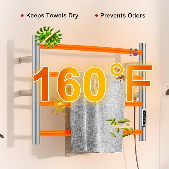 Heated Towel Racks for Bathroom, Wall Mounted Electric Towel Warmer Racks with Timer & Temperature Control, Stainless Steel Towel Heater for Bathroom, Brushed (Round-Brushed Silver, 4 Bars)