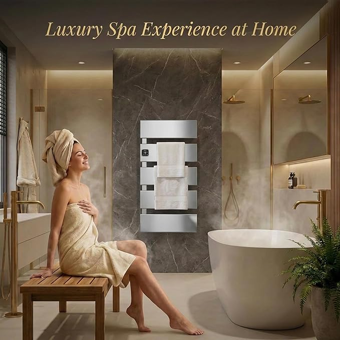 Electric Towel Warmer, Heated Towel Rack with Thermo Control and Timer, Fast Heating Towel Rail for Bathroom with Memroy Function, Work with Smart Plug, Left-Wiring, 5 Panel, Silver