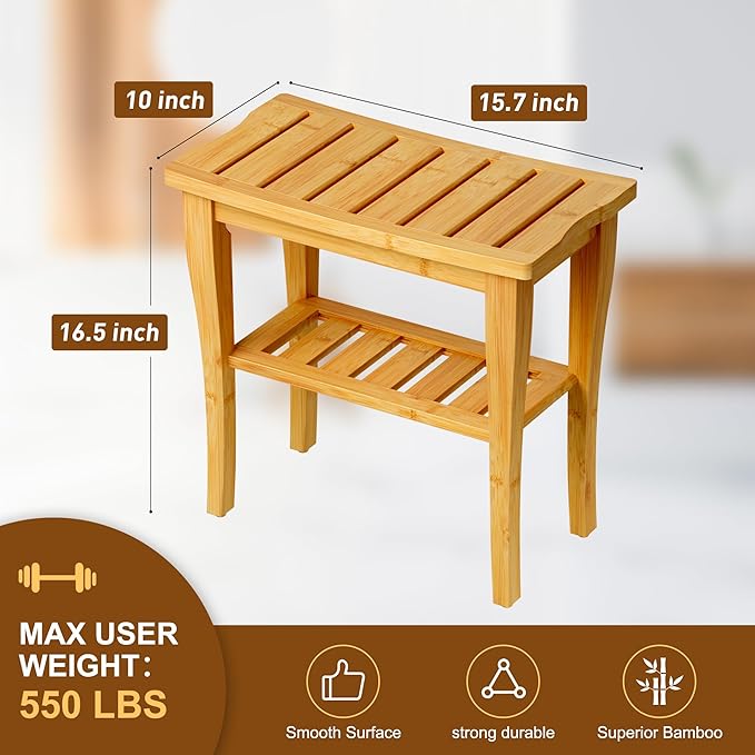 Greenual Bamboo Shower Bench 2-Tier Spa Shower Stool for Inside Shower with Storage Shelf and Non-Slip Feet Shower Chair Seat Organizer for Bathroom or Living Room