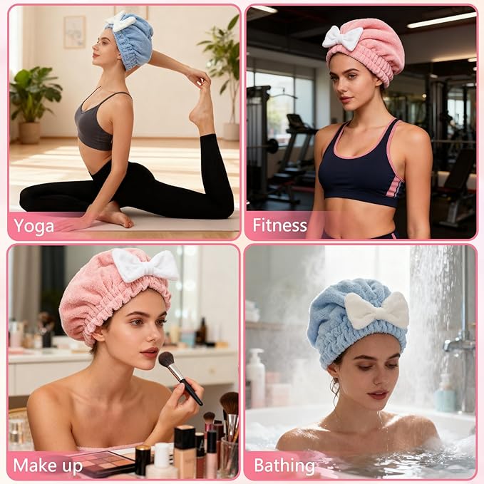 2 Pack Ultra Absorbent Hair Quick Drying Towel for Women, New Microfiber Hair Towel Wrap Dry Turban, Soft Bow Tie Plopping Head Towels Shower Cap for All Hair Style (Blue and Pink)