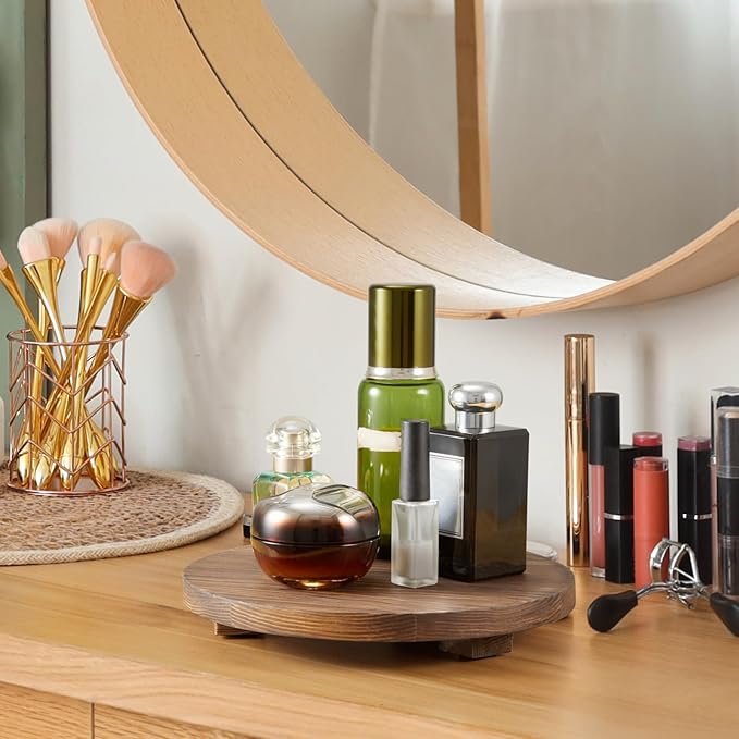 Small Round Decorative Tray Burnt Wood Bathroom Counter Organizer Pedestal Stand Farmhouse Kitchen Decor Wooden Riser for Soap Dish, Perfume, Candle, Sponge, 9" - Brown