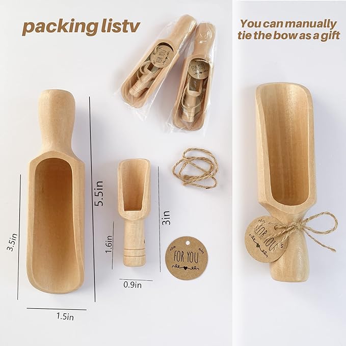 Wooden Scoop (5.5"+3") 2Standard 2Mini bath salt scoop Natural Beech Wood Scoop for Flour, Bath Salt, Sugar, Cereal, Coffee and More - Multipurpose Wooden Spoon