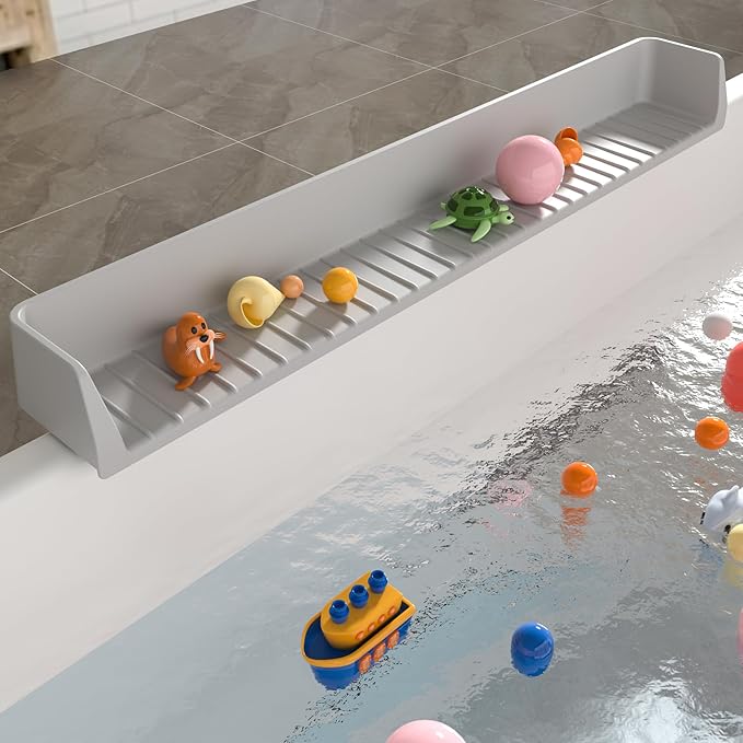 Longer Bathtub Splash Guard for Tub Kids, Bathtub Water Guards Play Shelf for Bathing, Toy Tray Caddy Holder for Tub, Silicone Tub Splash Guard Prevent Water Spills in Bathroom (2.6FT, Grey)