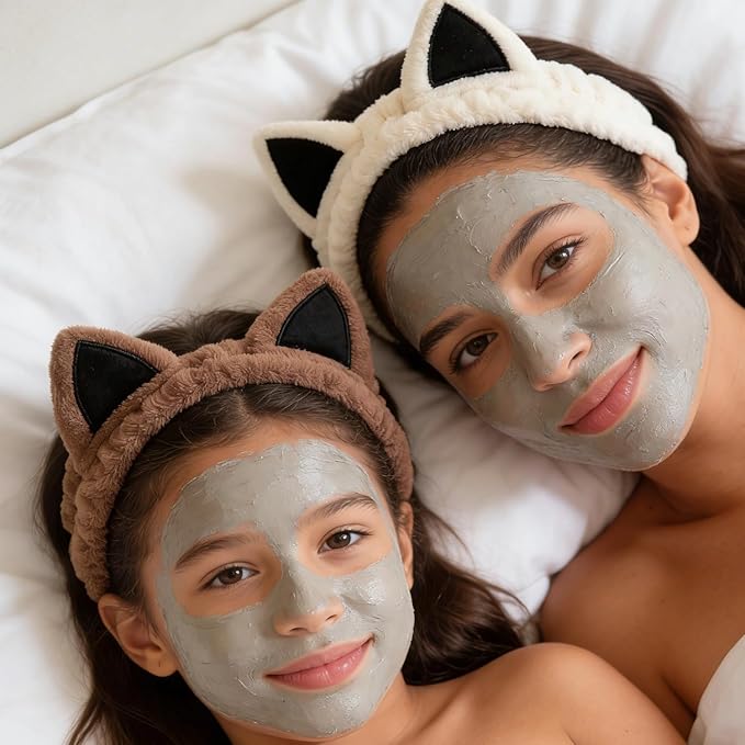 2 PCS Cute Cat Ear Spa Headband For Washing Face, Skincare Makeup Headbands For Women, Soft Coral Fleece Hair Accessories (Beige+ Khaki)