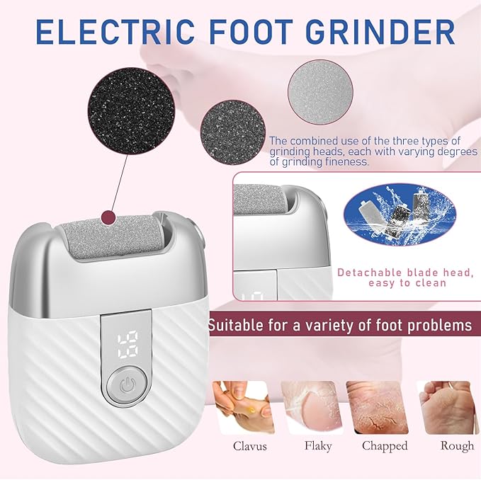 Electric Foot File with 2 Speeds & LED Display, Rechargeable Callus Remover with 3 Grit Heads (Coarse/Medium/Fine), Pedicure Tools for Feet Hard Skin Smooth Polishing (White)