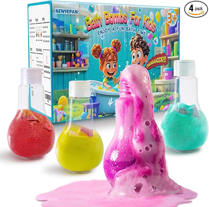 Potions Bath Bombs for Kids, Boys & Girls Teen Mothers Day Gifts from Kids, 4 Pack Colorful Fizzy Bubble Bath for Fun and Educational Bath Time, Cool Foam Explosion Bath Toys for Kids Ages 3-12