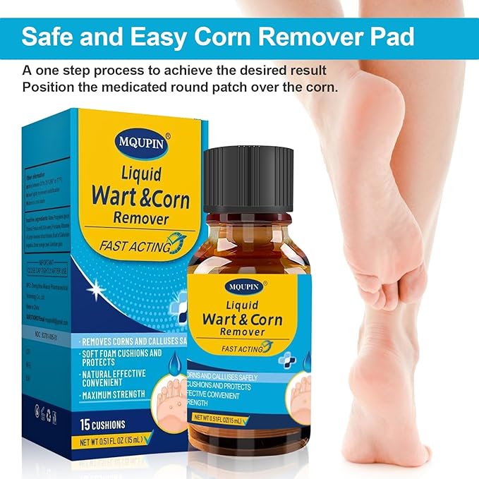 MQUPIN Corn Removers for Toes，Extra Strength Corn & Callus Remover for Feet & Toes - Fast Acting Liquid with 15ml*2 Solution, 30PCS Cushions + 10PCS Swabs