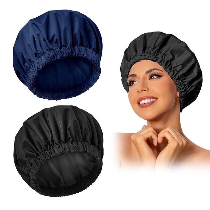 Reusable Shower Cap for Women, Large Waterproof Shower Bonnet with Elastic Band, Washable Bath Hair Cap for Long, Curly Hair, Braids, Daily Shower, Home Spa, Travel(Black&Navy)