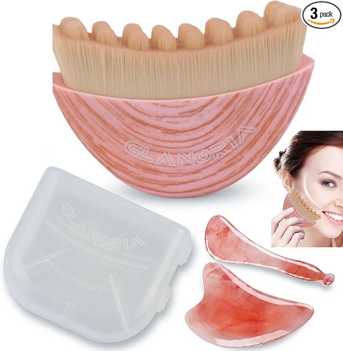 3 in 1 Lymphatic Contour Face Brush – Face Brush for Lymphatic Drainage with Soft Bristles & Plastic Handle, 2 Gua Sha Tools for Facial Sculpting, Jawline, Double Chin & Depuffing