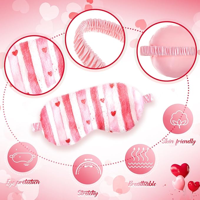 Cuffbow 6 Pack Plush Sleep Mask Set, Cute Plush Eye Masks for Sleeping, Soft Comfortable Travel Nap Blindfold, Sleepover Party Favors for Women(Heart,Pink)