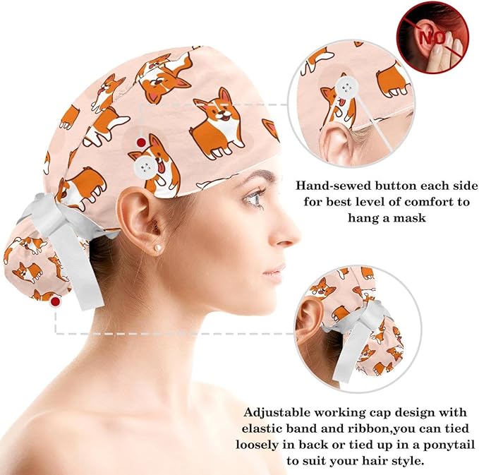 Adjustable Brown Dachshund Dog Blue Surgical Scrub Cap with Button,Sweatband for Women with Bow Hair Scrunchy
