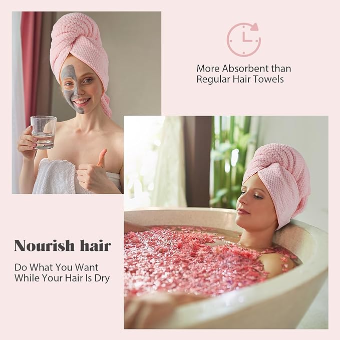 MABAO Microfiber Hair Towel Wrap for Women, Quick Dry Hair Turban Towel with Elastic Band, Microfiber Plopping Towel for Curly Hair, Stocking Stuffers for Women (Pink)