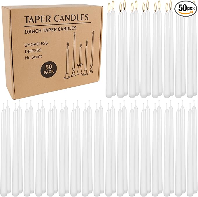 WPONSZU 50 Pack White Taper Candles, 7-8 Hours Burn Time, Unscented, Smokeless and Dripless, 4/5 x 10 Inch for Christmas,Household,Dinner,Wedding,Valentine's Day,Party and Home Décor Candlesticks