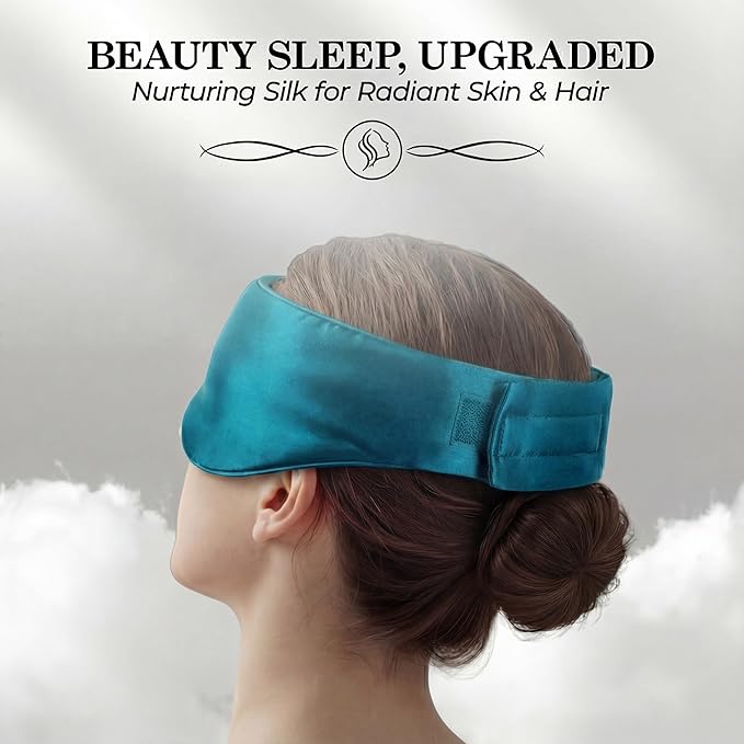 SLEEP SANCTUARY 100% Pure Mulberry Silk Sleep Mask - 22 Momme Light Blocking Hook & Loop Silk Eye Mask for Sleeping - Secure Fit for Side Sleepers, Women & Men - Cloud Soft (Peacock Blue)