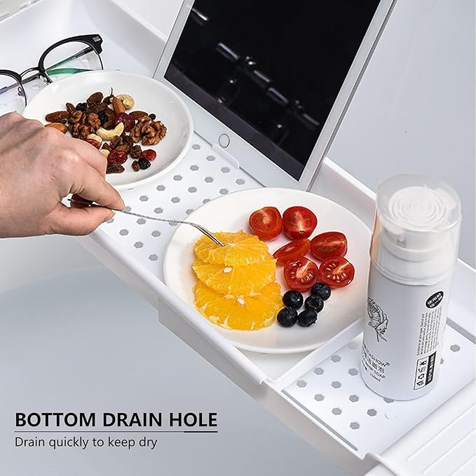 Bath Tub Tray - Stretchable, Strong Load-Bearing, Plastic, Anti-Slip Design - Ultimate Bathtub Caddy Tray (White)