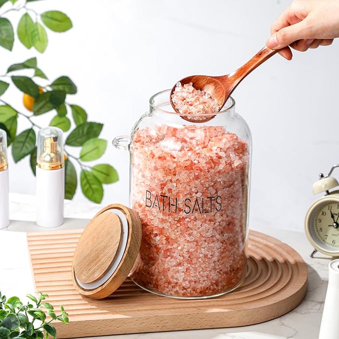 SiliFine 2 Pcs 94 oz Bath Salts Glass Jar with Wooden Lid, Bath Salt Container with Scoop, Airtight Storage Bathtub Accessories for Women