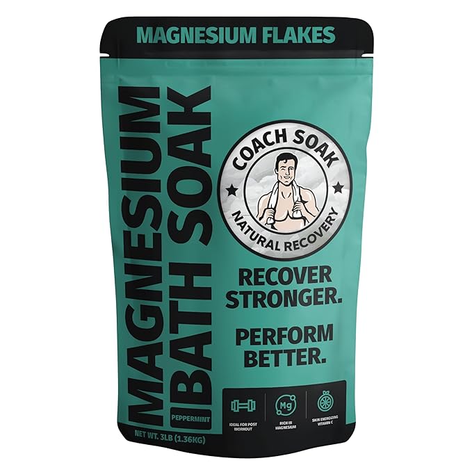 Coach Soak Recovery Bath Soak - Alternative to Epsom Salt Bath Soak - Fast-Absorbing Pure Magnesium Flakes & Dead Sea Salt with 21 Minerals, Bath Salts & Essential Oils - 3 lb, Cooling Peppermint