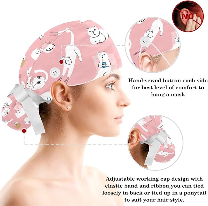 Women Working Cap with Buttons Bouffant Hat Autumn Leaves Nurse Scrub Caps Long Hair