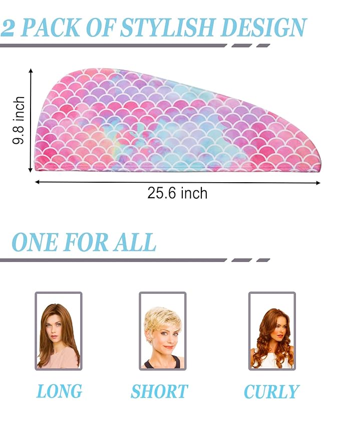 ELLEWIN Microfiber Hair Towel Wrap for Kids Girls 2 Pack Hair Turban Drying for Women Set Absorbent Quick Dry Twisty Anti Frizz Towel for Curly Long Thick Hair (Mermaid)