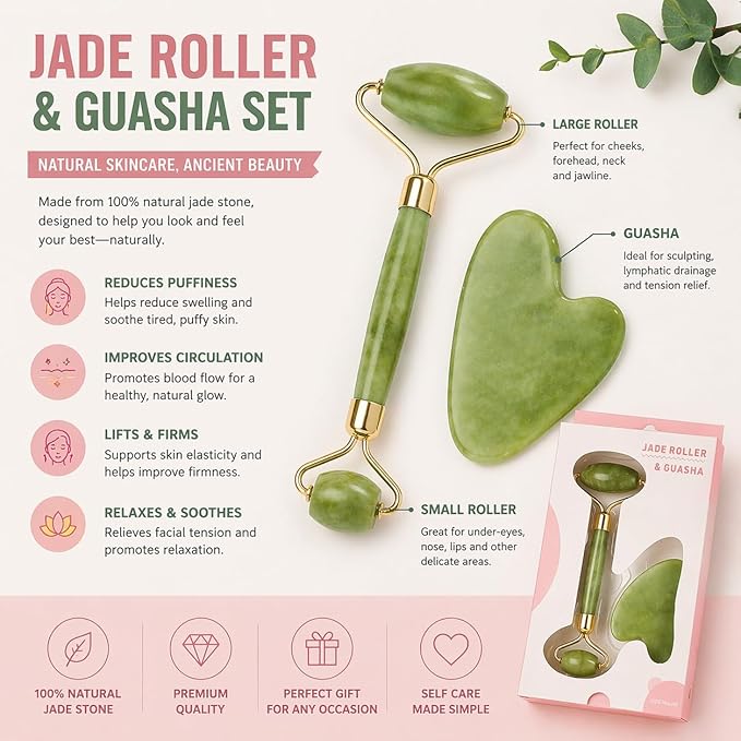Jade Roller & Gua Sha Set for Face - Facial Massage Tool for Skin Care, Reduce Puffiness & Improve Circulation