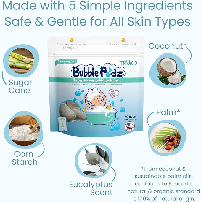 TruKid Bubble Podz Bubble Bath for Kids, Toddlers, & Babies, Tear Free Gentle & Refreshing Bath Bomb for Sensitive Skin with Natural Moisturizers, Non-Toxic, pH Balanced, Eucalyptus Scent (24 Podz)