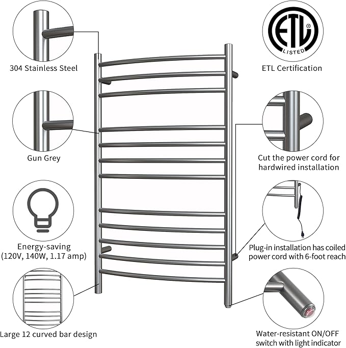 HEATGENE Towel Warmer Gun Grey, Electric Hot Towel Rails, Wall-Mounted Large 12 Bars Warming Towel Racks, Plug-in/Hardwired Heated Towel Rails