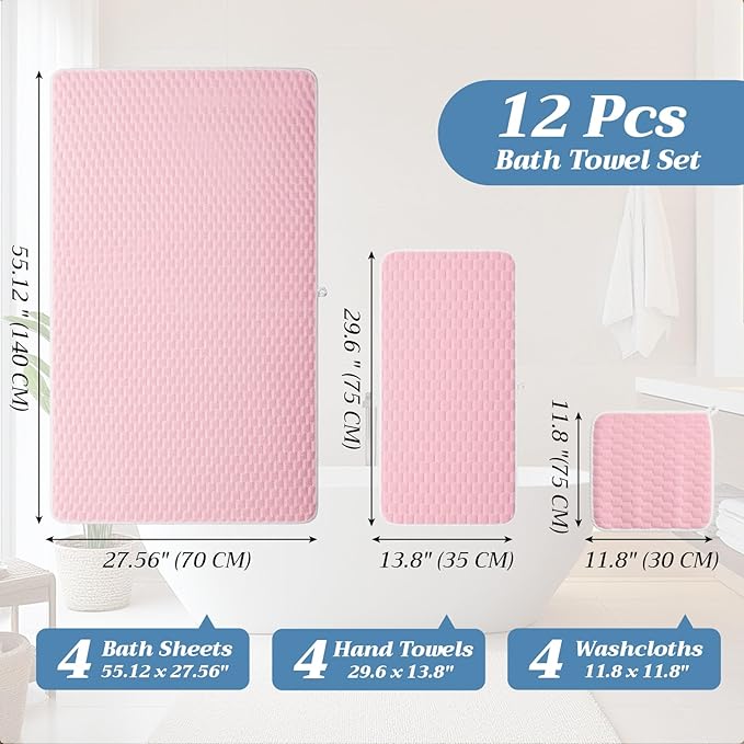Gilprop 12 Pcs Soft Bath Towels Set for Bathroom Quick Dry, 4 Bath Sheets 4 Hand Towels 4 Washcloth Absorbent Microfiber Fluffy Shower Washcloth for Spa Gym Hotel Travel(Soft Color)