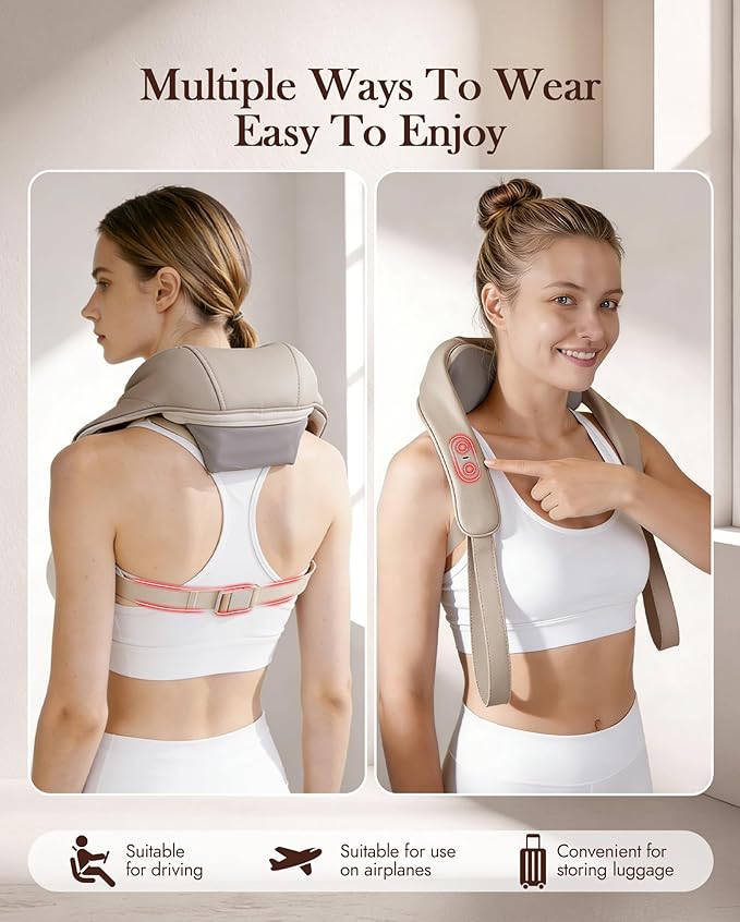 Neck Massager with Heat Cordless: Shiatsu Back Shoulder Massage Tools for Pain Relief Deep Tissue Electric 4D Kneading for Muscle Remedy Lymphatic Drainage Gifts for Men Women Mom Dad (Brown)