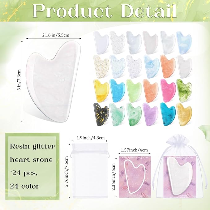 Sherr 24 Sets Gua Sha Facial Tools Bulk Resin Heart Shaped Guasha Boards with Organza Pouch and Cards for Face Body Massage Relaxation Self Care Ideal Spa Acupuncture Prevent Wrinkles(Light Colors)