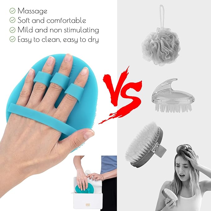2 Pack Soft Silicone Shower Brush, Body & Face & Short Hair Wash, Bath Exfoliating Skin Massage Scrubber, Dry Skin Brushing Glove Loofah, Fit for Sensitive and All Kinds of Skin (Blue+Gray)