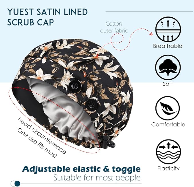 2 Pack Satin Lined Bouffant Scrub Caps with Buttons, Adjustable Scrub Caps for Women Men