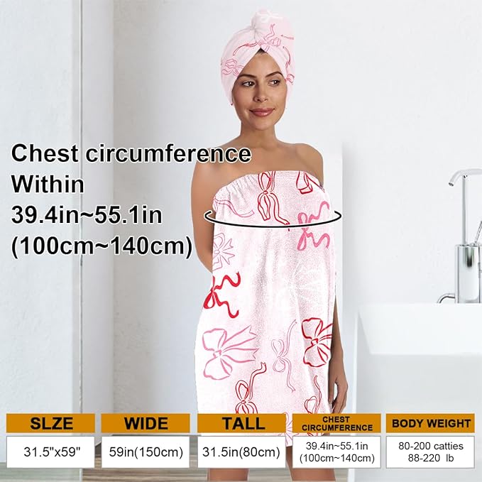 Pink Bow Bath Wrap with Hair Drying Cap – Microfiber Quick Dry Shower Skirt and Absorbent Turban Towel Set for Women Spa Gym Travel Dorm (Bow 8)