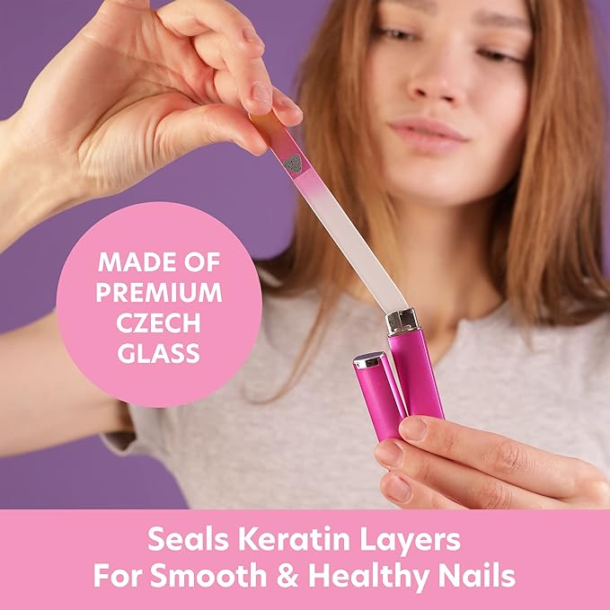 Bona Fide Beauty Glass Files for Nails, Professional Manicure Glass Fingernail Files with Case. 1-Piece Gold Magenta Nail File Made in the EU.