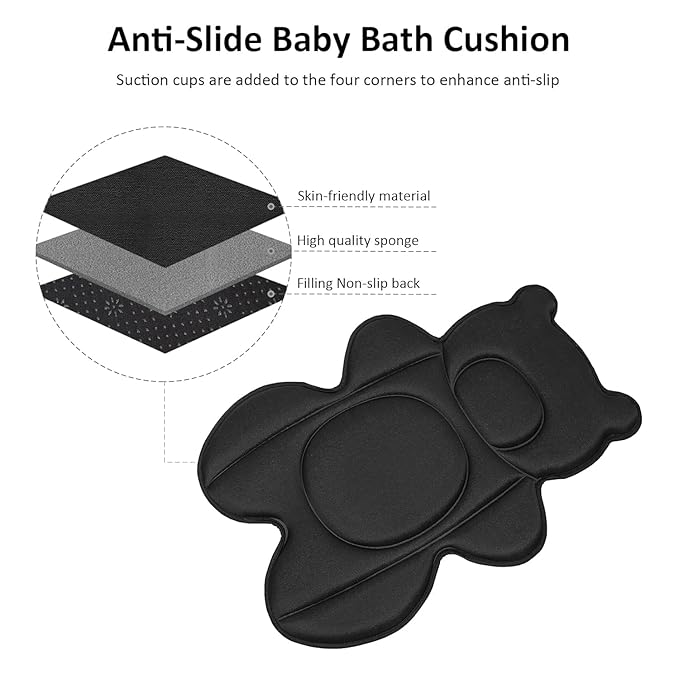 Infant Baby Bath Cushion,Fits Inside Most Baby Bathtubs, Breathable Soft Baby Bath Support Seat,Baby Bath Pad Bath Pillow for Bathtub,Newborn Bath Mat with 4 Suction Cups (Black)