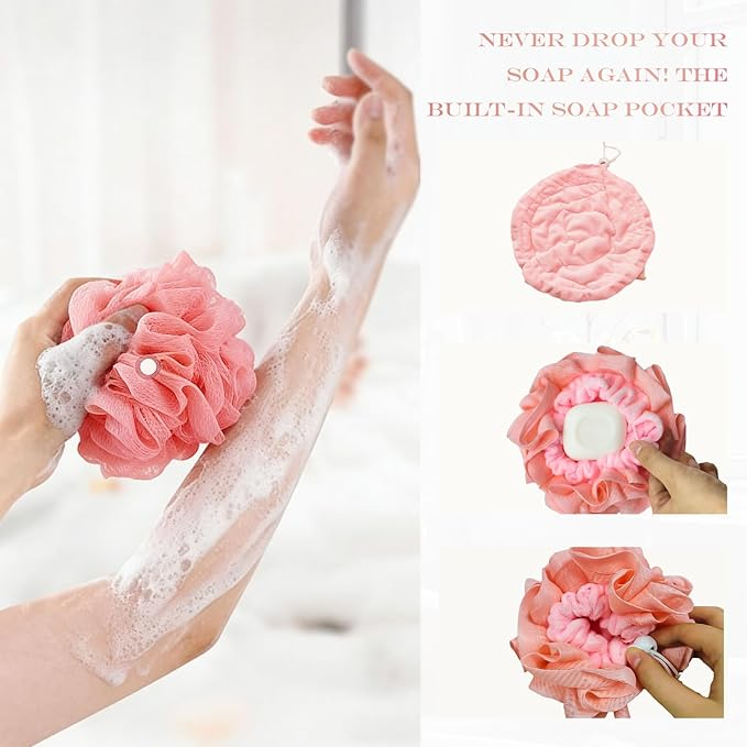 2-Pack Loofah Washcloth Combo 2-in-1, Exfoliating Soap Saver Pouch with Bar Soap Pocket, Reusable Shower Sponge for Body Wash & Smooth Skin, (Pink + White)