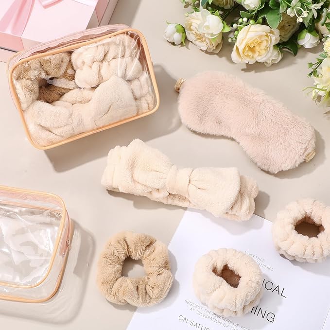Hoteam 10 Pcs Spa Party Supplies Gift for Mother's Day Sleepover Party Favor Spa Headband Wristband Sleep Eye Mask Velvet Scrunchies for Skin Care Makeup Slumber Night Favor(Khaki)