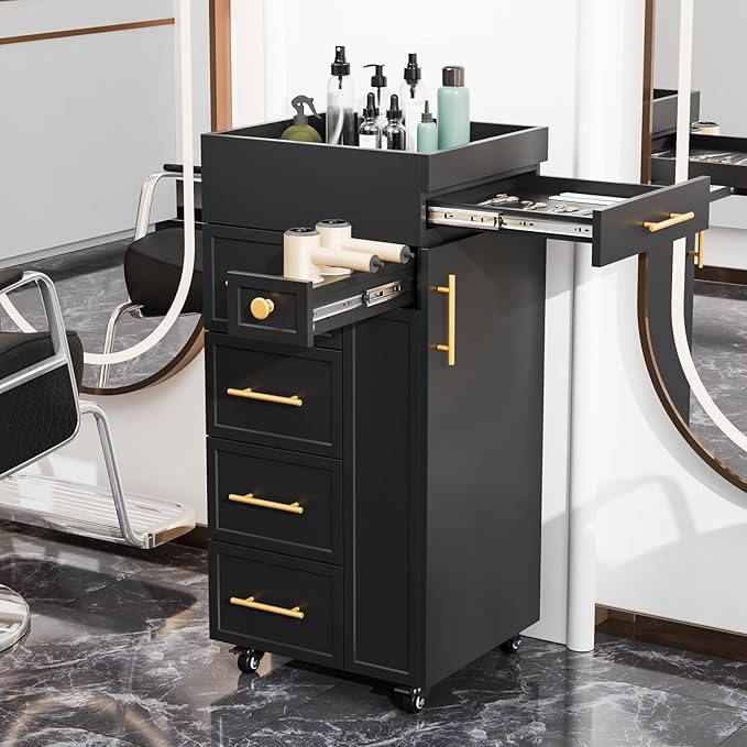 OmySalon Salon Trolley Cart, Hair Styling Station with 5 Drawers, 3 Tool Holders & Adjustable Shelf, Mobile Storage Cabinet Utility Trolley for Barber, Beauty Spa, Home (Black)