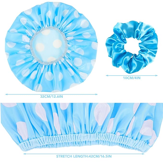 WSICSE 2 Packs Large Shower Cap, Waterproof Reusable Shower Cap Double Layers Hat Bath Caps with Hair Scrunchies for Home Spa Salon, blue, yellow