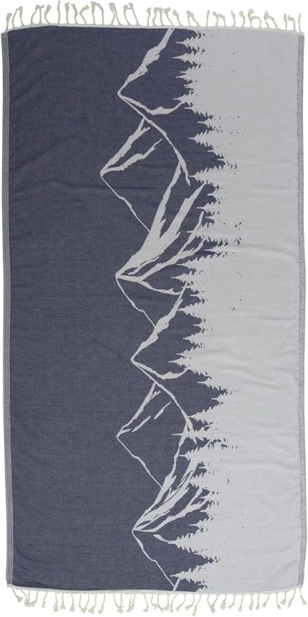 InfuseZen Turkish Towel with Mountain Landscape – 100% Organic Turkish Cotton - Sand Free Quick Dry Beach Peshtemal – Thin Reversible Absorbent Pool Hammam – Plus Size Gym, Travel Fouta (Navy)
