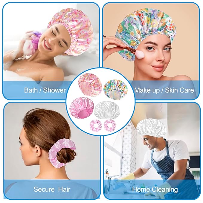Shower Cap for Women Set of 4, Bath Caps, Double Layers Hair Caps + 3 Satin Hair Scrunchies, Reusable Waterproof Shower Caps, Elastic Hair Cap for Shower - Pattern B