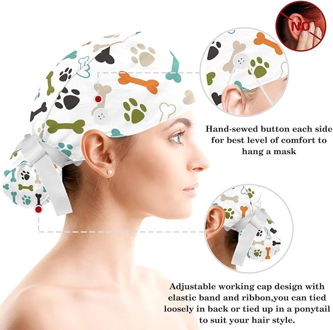 Ethnic Aztec Pattern Adjustable Scrub Cap Hat with Button, Working Hat Sweatband with Bow Hair Scrunchy for Woman