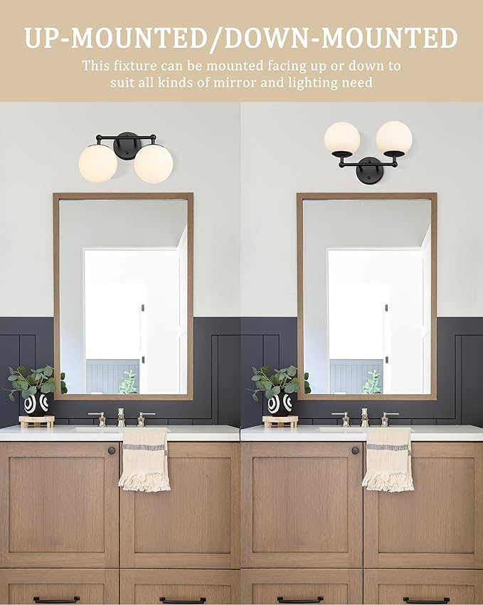 AKEZON 2-Light Black Bathroom Vanity Light Fixture, Modern Minimalist Vanity Lights with Milky White Glass Globe Shade, Wall Sconce Over Mirror Lighting for Bathroom Dressing Table Bedroom Living Room