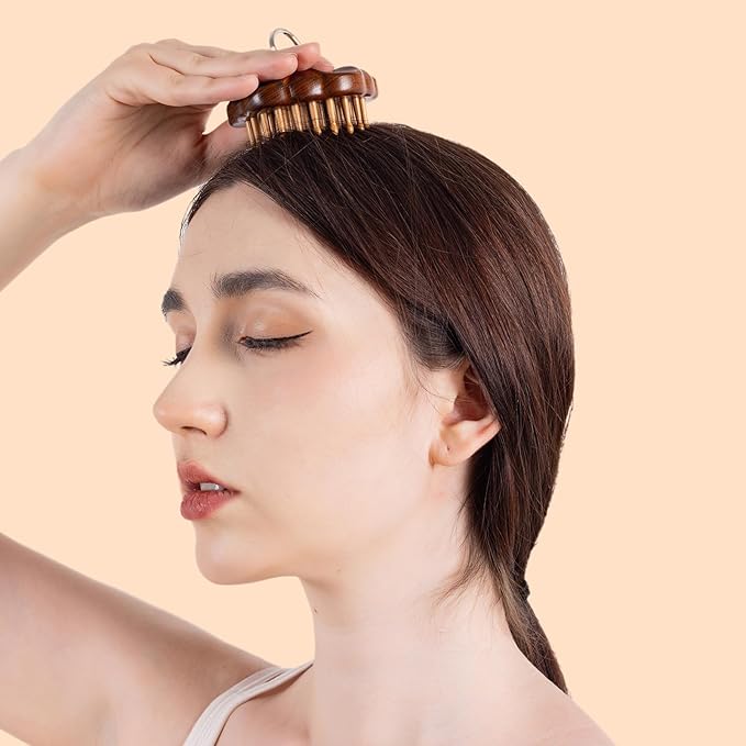 Wooden Massage Massager for Hair Growth,Head Scalp Comb,Manual Body Relax Massage Tool,Hair Brush Massager,Flower Design with Ring (54PCS Thin Tooth)